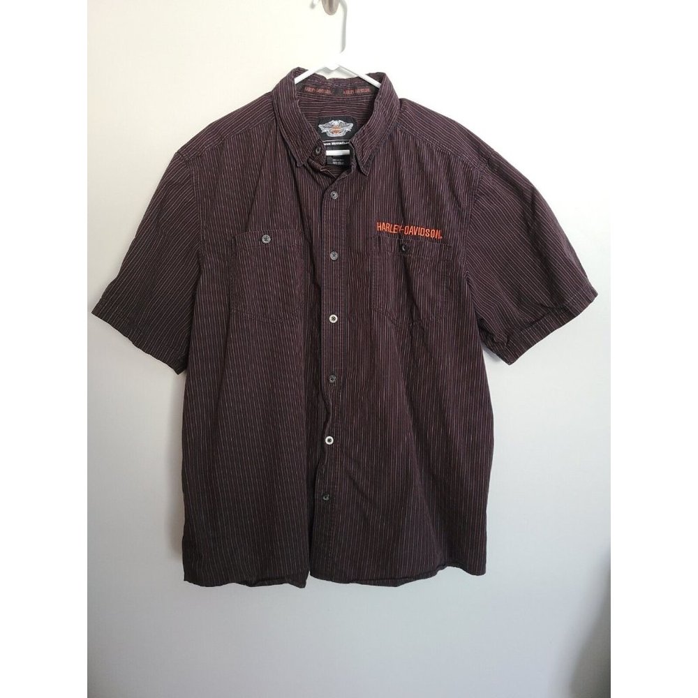 Harley Davidson Button Front Short Sleeve Shirt X-Large Stripe Embroidered Patch